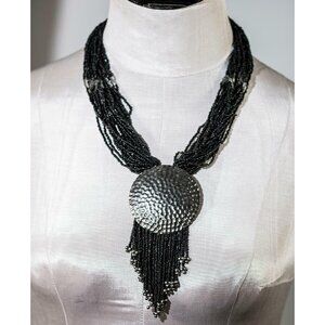 Silver-Tone Hammered Metal Pendant Black Multi-String Seed Bead Necklace Costume